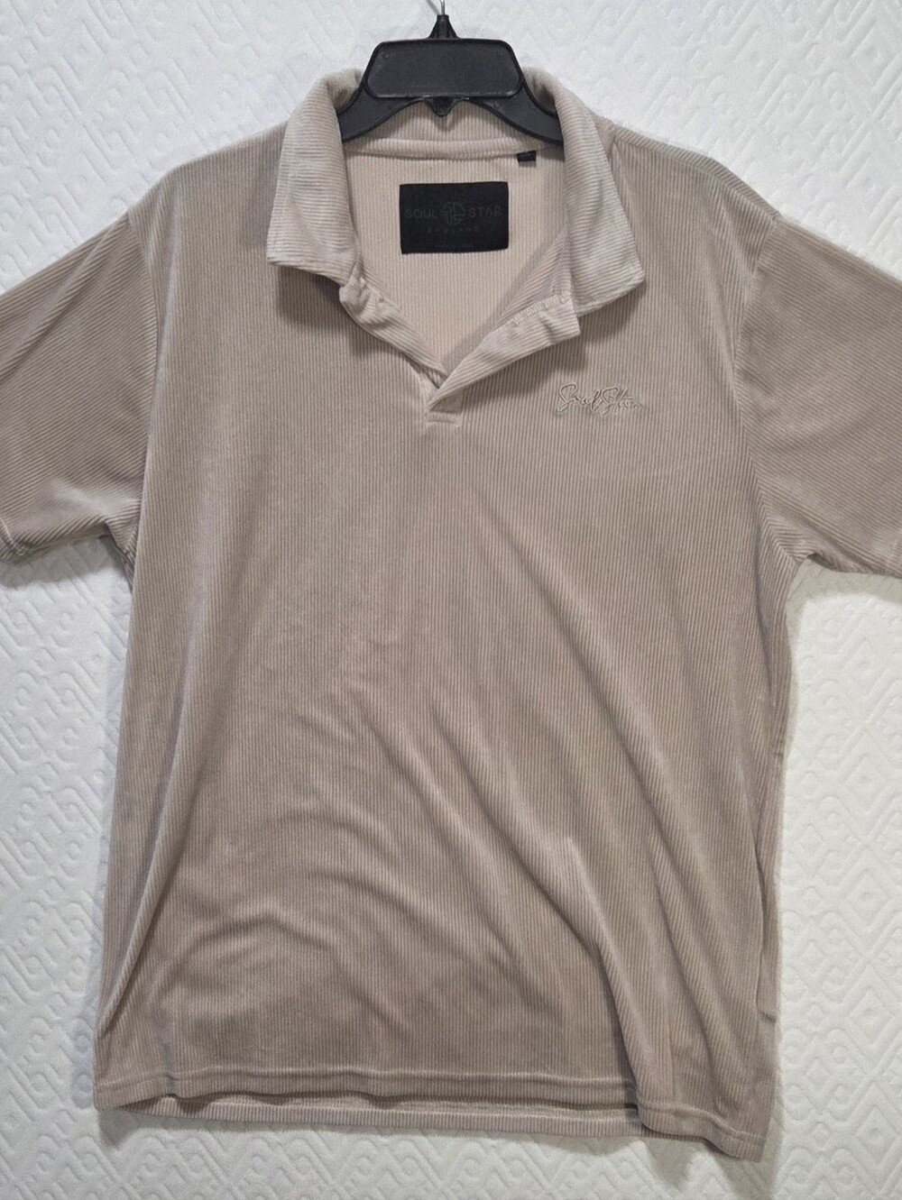 Soul Star Men's L Short Sleeve Polo Shirt, Beige Solid, Embroidered Logo, Poly